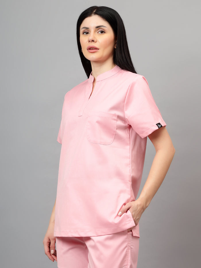 Stretchable (2Way) Women Powder Pink Mandarin Neck With Jogger Scrub Set