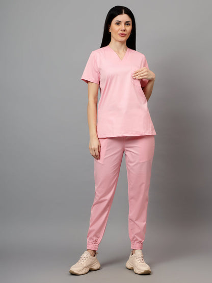 Stretchable (2Way) Women Powder Pink V-Neck With Jogger Scrub Set