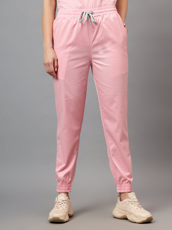 Stretchable (2Way) Women Powder Pink V-Neck With Jogger Scrub Set