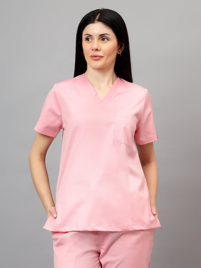 Stretchable (2Way) Women Powder Pink V-Neck With Jogger Scrub Set