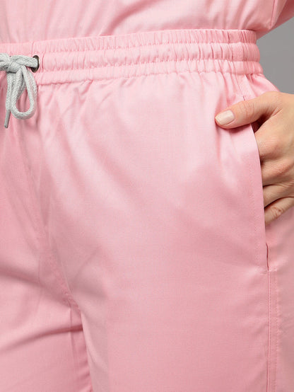 Stretchable (2Way) Women Powder Pink V-Neck With Jogger Scrub Set