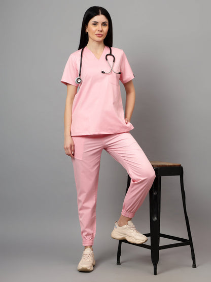 Stretchable (2Way) Women Powder Pink V-Neck With Jogger Scrub Set