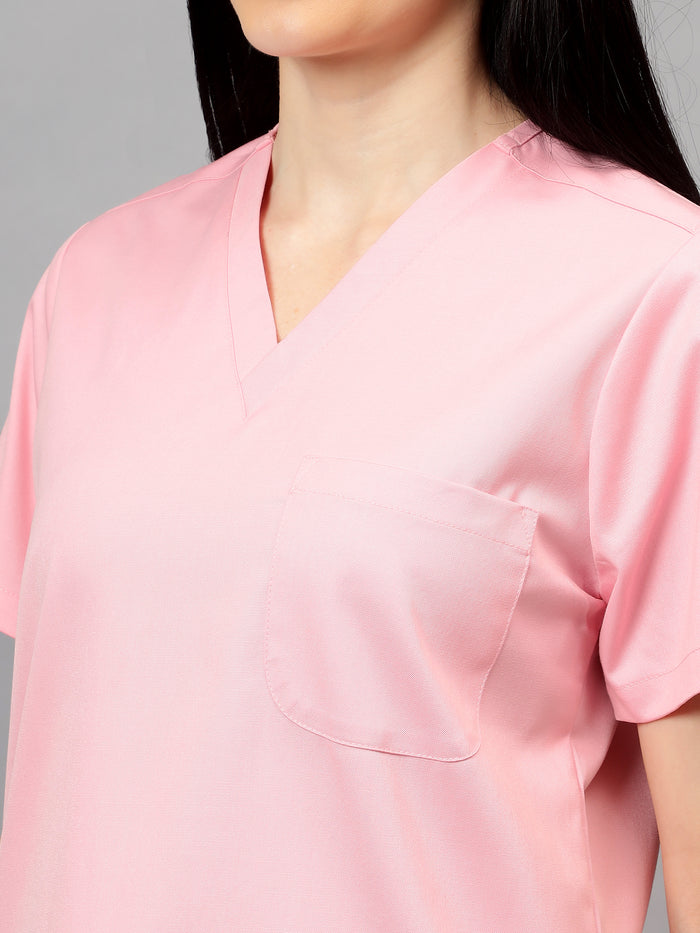 Stretchable (2Way) Women Powder Pink V-Neck With Jogger Scrub Set