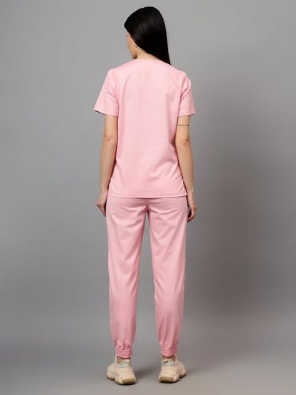 Stretchable (2Way) Women Powder Pink V-Neck With Jogger Scrub Set