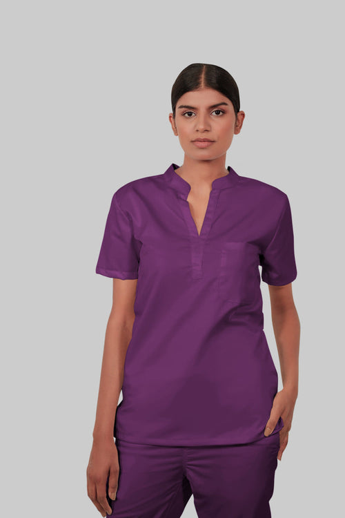 Stretchable (2way) Women Purple Mandarin Neck With Jogger Scrub Set