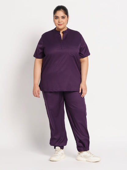 Stretchable (2way) Women Purple Mandarin Neck With Jogger Scrub Set