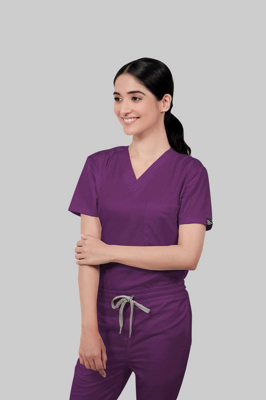 Stretchable (2way) Women Purple V-Neck With Jogger Scrub Set