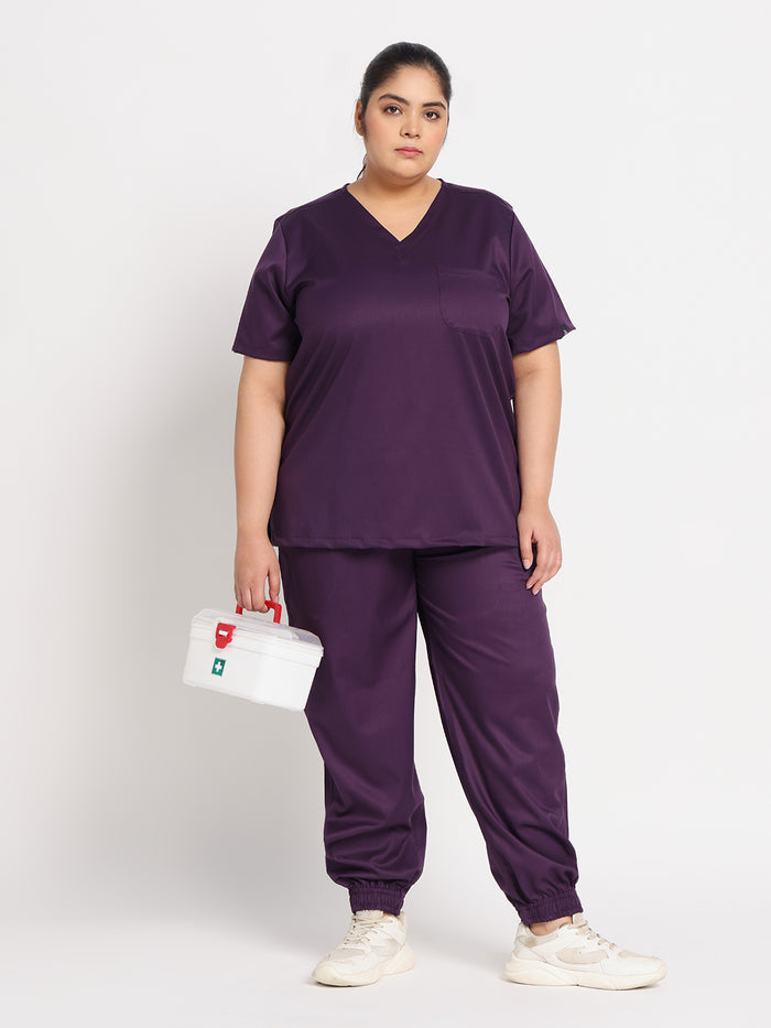 Stretchable (2way) Women Purple V-Neck With Jogger Scrub Set