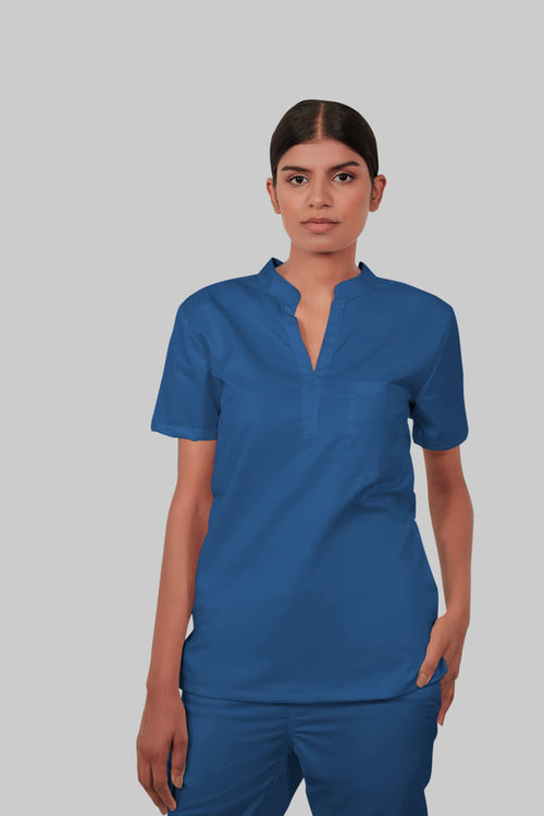 Stretchable (2Way) Women Steel Blue Mandarin Neck With Jogger Scrub Set