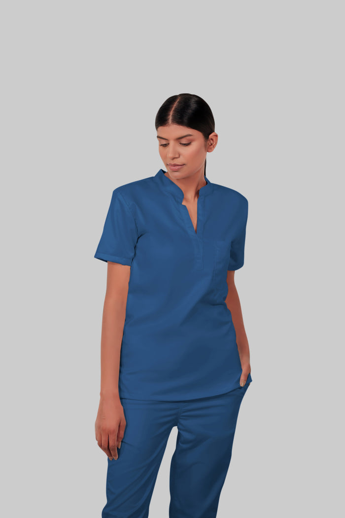 Stretchable (2Way) Women Steel Blue Mandarin Neck With Jogger Scrub Set