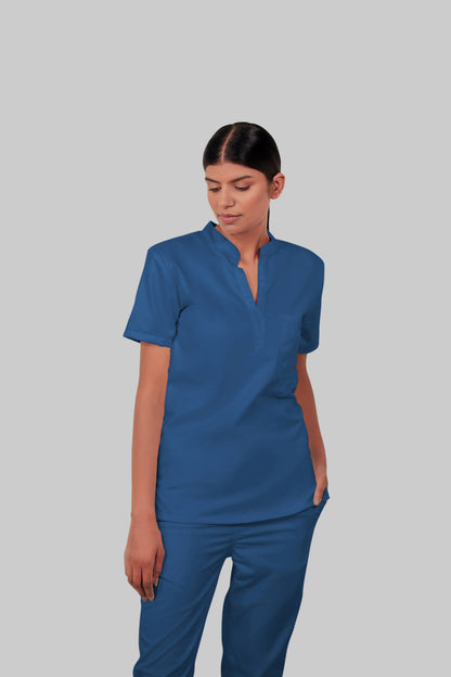Stretchable (2Way) Women Steel Blue Mandarin Neck With Jogger Scrub Set