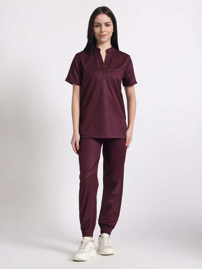 Stretchable (2Way) Women Wine Mandarin Neck With Jogger Scrub Set