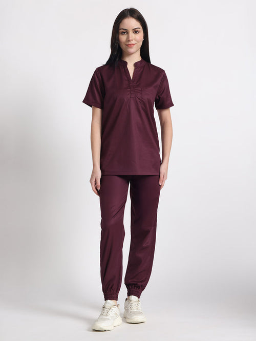 Stretchable (2Way) Women Wine Mandarin Neck With Jogger Scrub Set