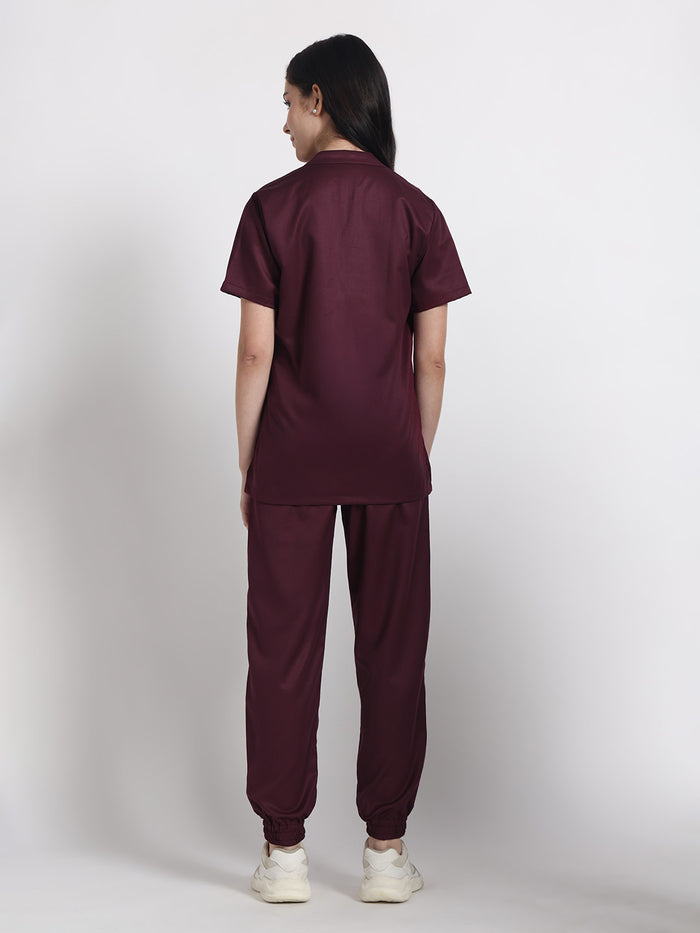 Stretchable (2Way) Women Wine Mandarin Neck With Jogger Scrub Set