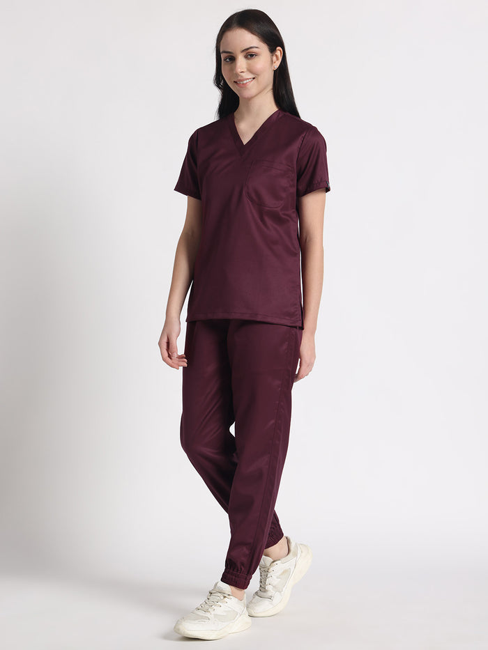 Stretchable (2Way) Women Wine V-Neck With Jogger Scrub Set