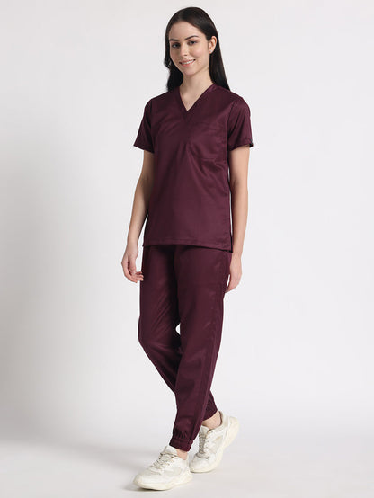 Stretchable (2Way) Women Wine V-Neck With Jogger Scrub Set