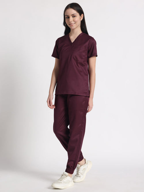Stretchable (2Way) Women Wine V-Neck With Jogger Scrub Set
