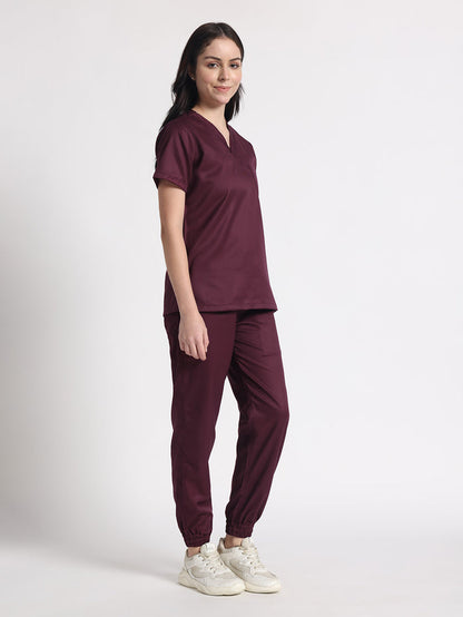 Stretchable (2Way) Women Wine V-Neck With Jogger Scrub Set