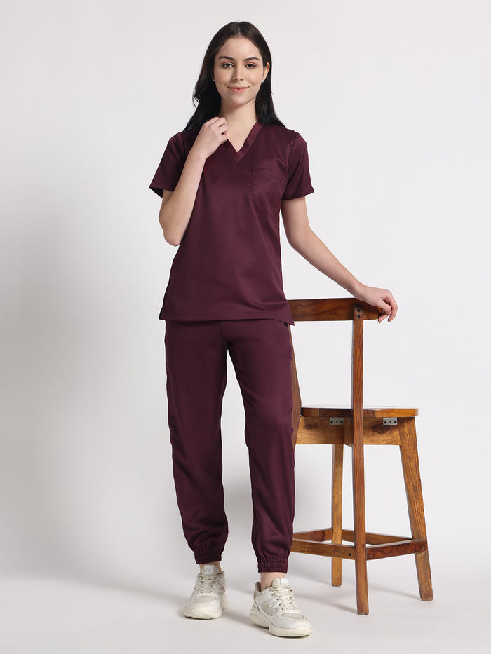 Stretchable (2Way) Women Wine V-Neck With Jogger Scrub Set