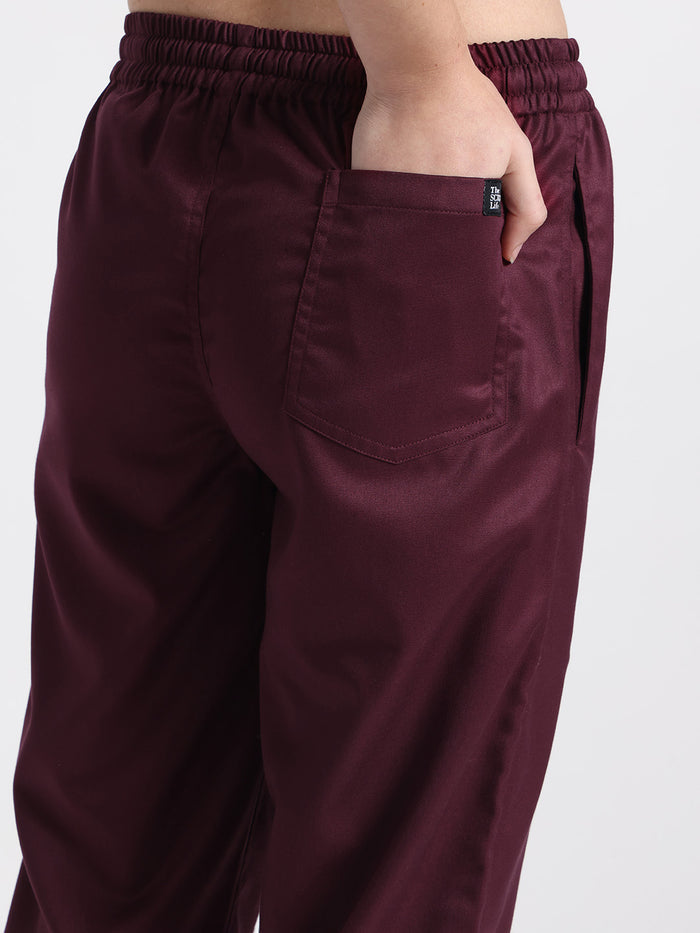 Stretchable (2Way) Women Wine V-Neck With Jogger Scrub Set