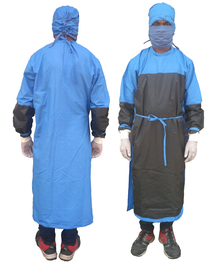SURGEON GOWN COTTON BLUE CASEMENT WITH WATERPROOF FABRIC STITCHED ON CRITICAL AREA FOR PROTECTION