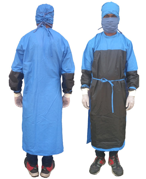 SURGEON GOWN COTTON BLUE CASEMENT WITH WATERPROOF FABRIC STITCHED ON CRITICAL AREA FOR PROTECTION