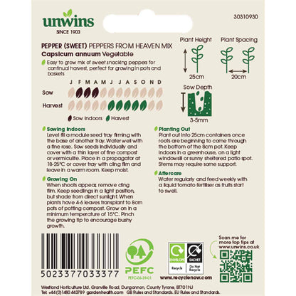 Unwins pepper seed packet with planting instructions and branding