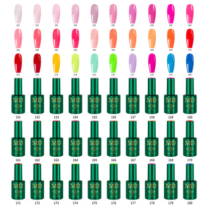 Collection of green nail polish bottles with corresponding color swatches on a white background
