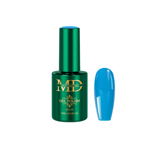 Green gel polish bottle with a blue nail tip color swatch on a white background