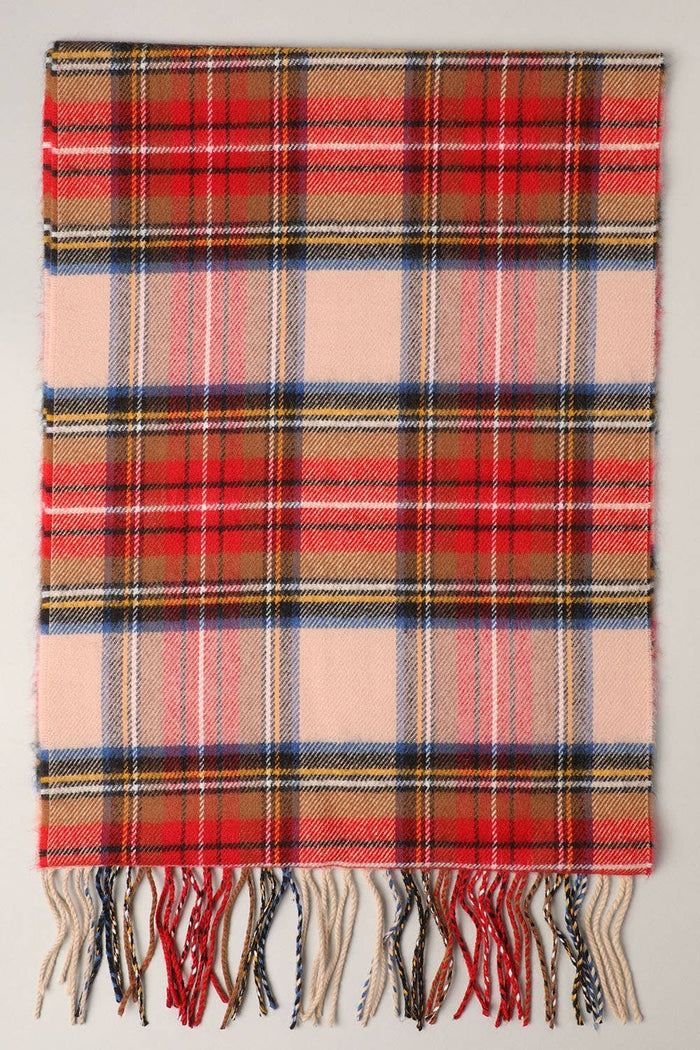 Fashion City tartan plaid muffler scarf with red, black, and white checks, cozy and stylish for cold weather.