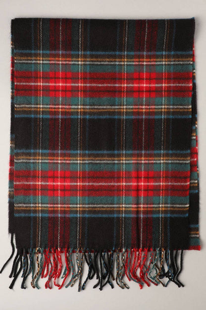Fashion City tartan plaid muffler scarf with fringed edges, showcasing its cozy, stylish winter accessory in red and black tones.