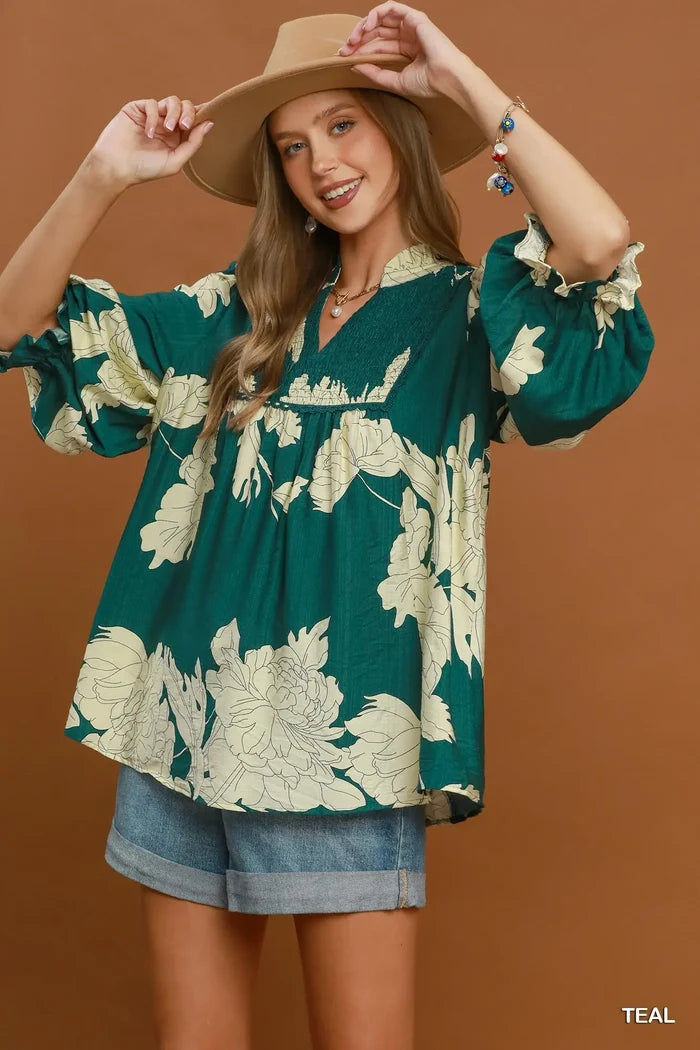 Teal Floral Detail Top