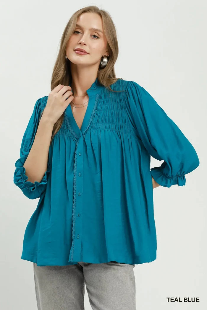 Teal Smocked Button Blouse