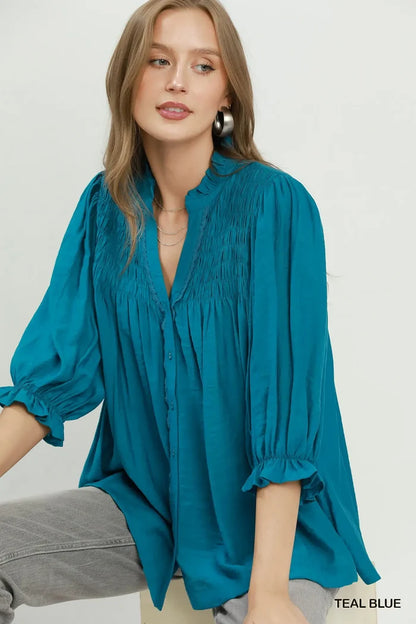 Teal Smocked Button Blouse