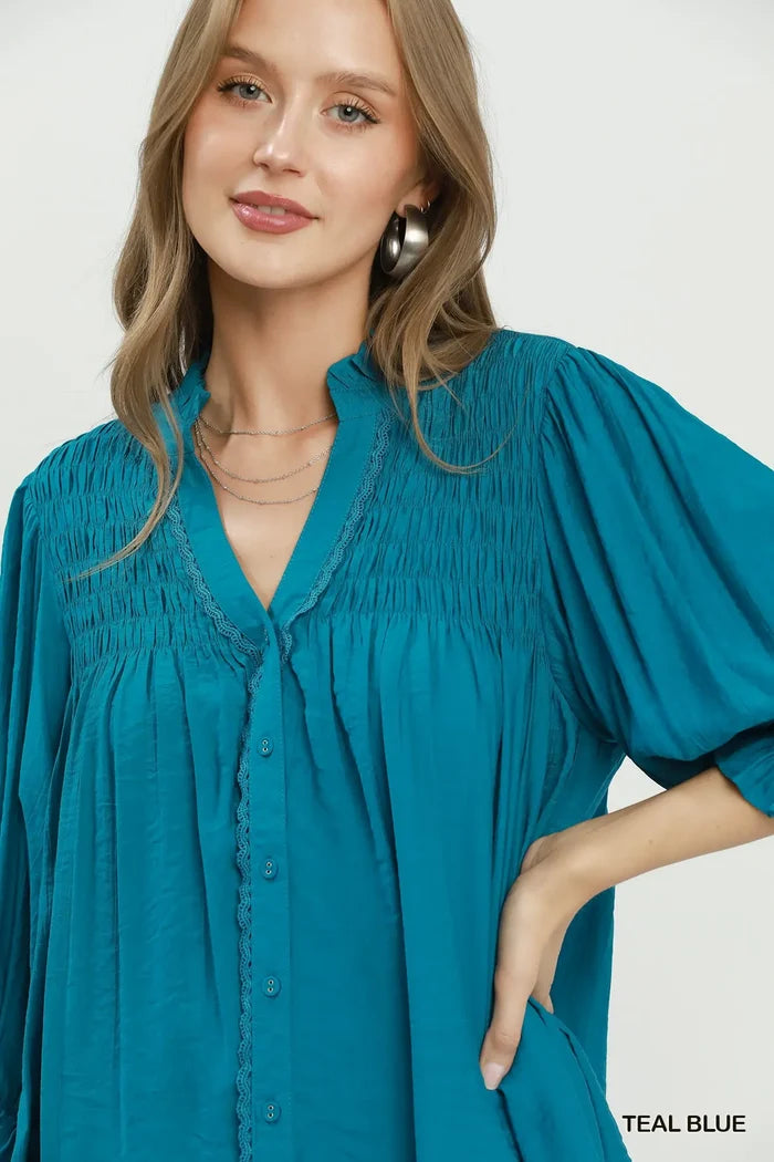 Teal Smocked Button Blouse