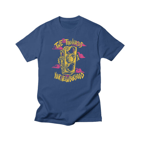 The Toxhards blue T-shirt with a yellow illustrated traffic light, pink clouds, and “The Toxhards” above and “Your Neighborhood” below in stylized yellow font. Exclusive design by The Toxhards.