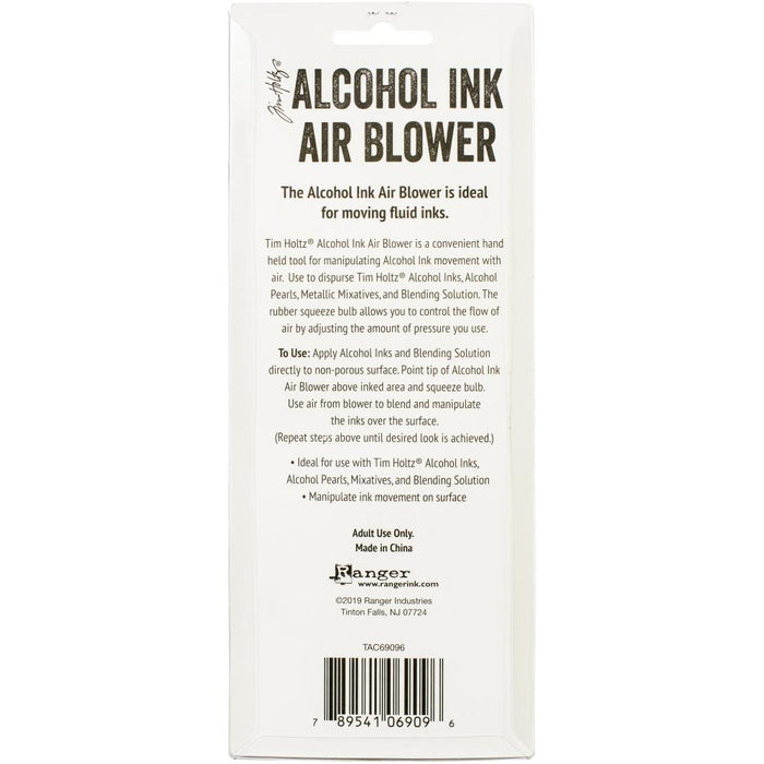 Tim Holtz - Alcohol Ink Blower. A convenient hand held tool for manipulating alcohol ink movement with air. The rubber squeeze bulb allows you to control the flow of air by adjusting the amount of pressure you use. This 3.75x9.25x2.5 inch package contains one alcohol ink blower. Imported. Available at Embellish Away located in Bowmanville Ontario Canada.