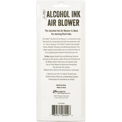 Tim Holtz - Alcohol Ink Blower. A convenient hand held tool for manipulating alcohol ink movement with air. The rubber squeeze bulb allows you to control the flow of air by adjusting the amount of pressure you use. This 3.75x9.25x2.5 inch package contains one alcohol ink blower. Imported. Available at Embellish Away located in Bowmanville Ontario Canada.
