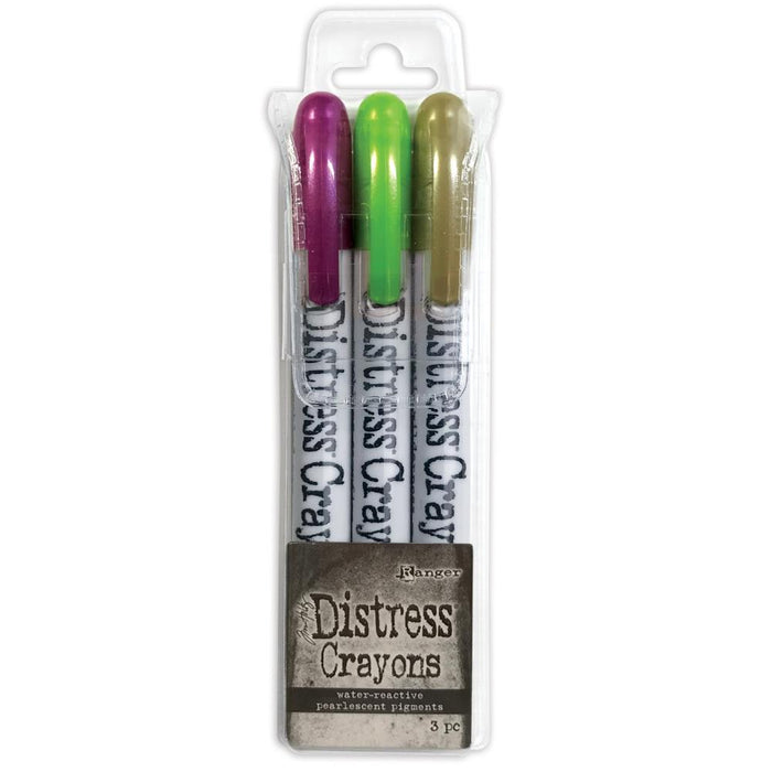 Tim Holtz - Distress Crayon Pearl Set - Halloween Set# 4. Limited Edition Distress Pearlescent Crayon Sets for Halloween! Formulated to achieve shimmery, vibrant coloring effects on porous surfaces. Includes: Fortune Teller, Wicked Elixir, Decayed. Available at Embellish Away located in Bowmanville Ontario Canada.