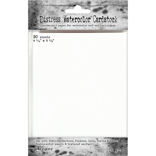 Tim Holtz - Distress Watercolor Cardstock - 20/Pkg - 4.25"X5.5". This cardstock is a versatile surface especially suited for most water coloring and mixed media techniques. Available at Embellish Away located in Bowmanville Ontario Canada.