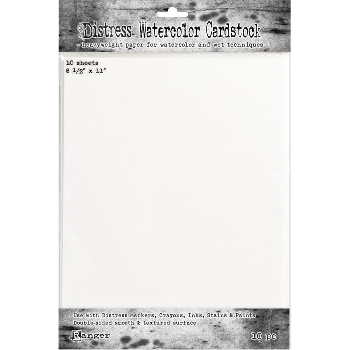 Tim Holtz - Distress Watercolor Cardstock - 10/Pkg - 8.5"X11". A versatile surface specially formulated for most water coloring and mixed media techniques. This cardstock is a perfect durable blank surface to stamp, ink, or color with water-based mediums. Available at Embellish Away located in Bowmanville Ontario Canada.