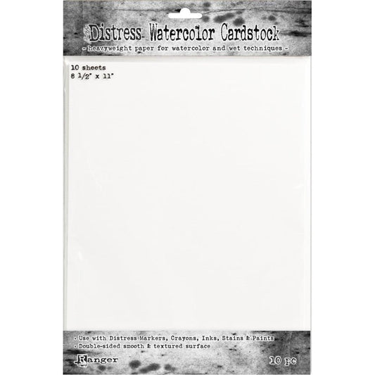 Tim Holtz - Distress Watercolor Cardstock - 10/Pkg - 8.5"X11". A versatile surface specially formulated for most water coloring and mixed media techniques. This cardstock is a perfect durable blank surface to stamp, ink, or color with water-based mediums. Available at Embellish Away located in Bowmanville Ontario Canada.