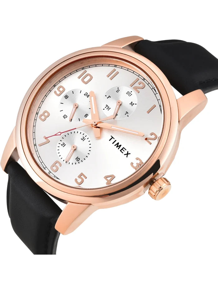 Timex Round Silver Dial Multifunction Watch With Black Leather Strap  - TWEG18908