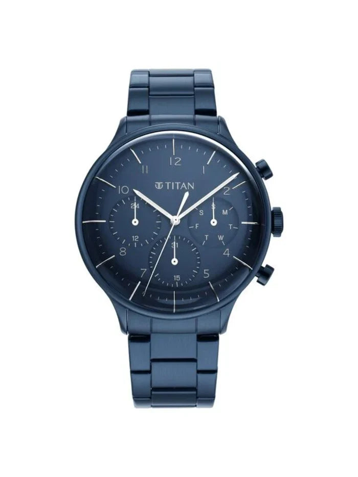 Titan Round Blue Dial Multifunction Watch With Blue Metal Strap  - NS90102QM01