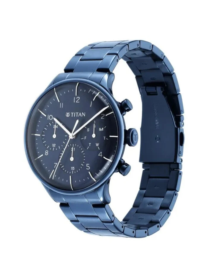 Titan Round Blue Dial Multifunction Watch With Blue Metal Strap  - NS90102QM01