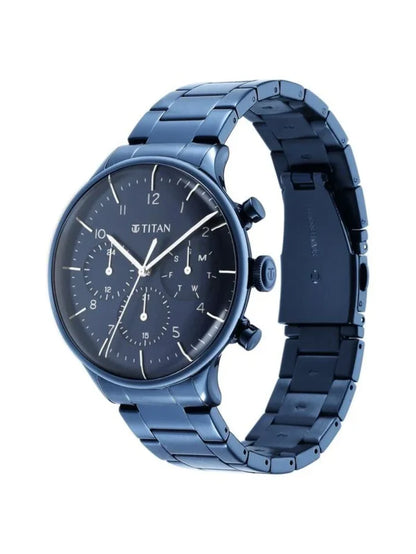 Titan Round Blue Dial Multifunction Watch With Blue Metal Strap  - NS90102QM01