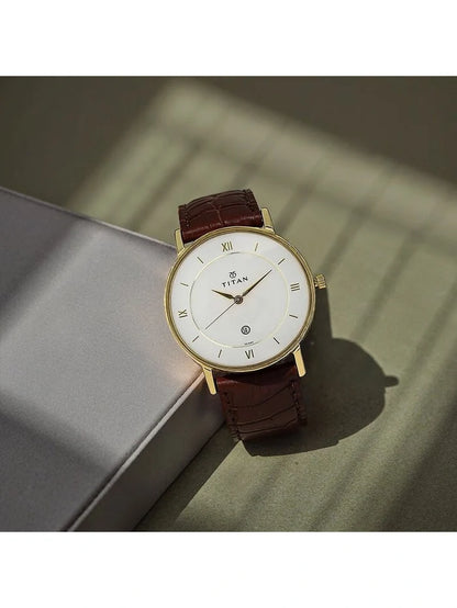 Titan Round White Dial Analog Watch With Date Display & Leather Strap - NU9162YL01-MS