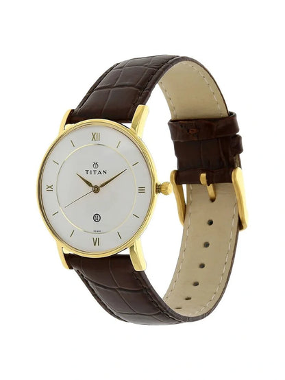 Titan Round White Dial Analog Watch With Date Display & Leather Strap - NU9162YL01-MS