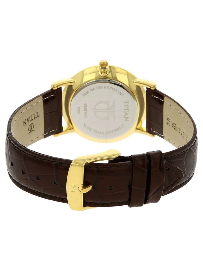 Titan Round White Dial Analog Watch With Date Display & Leather Strap - NU9162YL01-MS