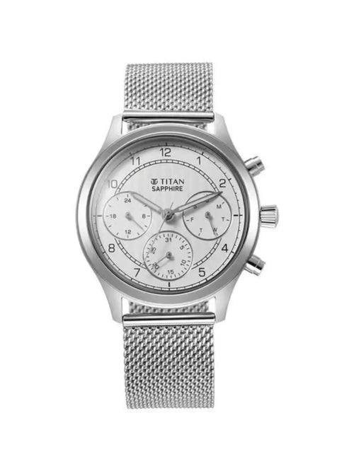 Titan Round White Dial Multifunction Watch With Silver Strap  - 1874SM01